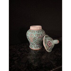 Small Decorative Porcelain Jar With Lid & Floral Motif - Mint Green Pink & White